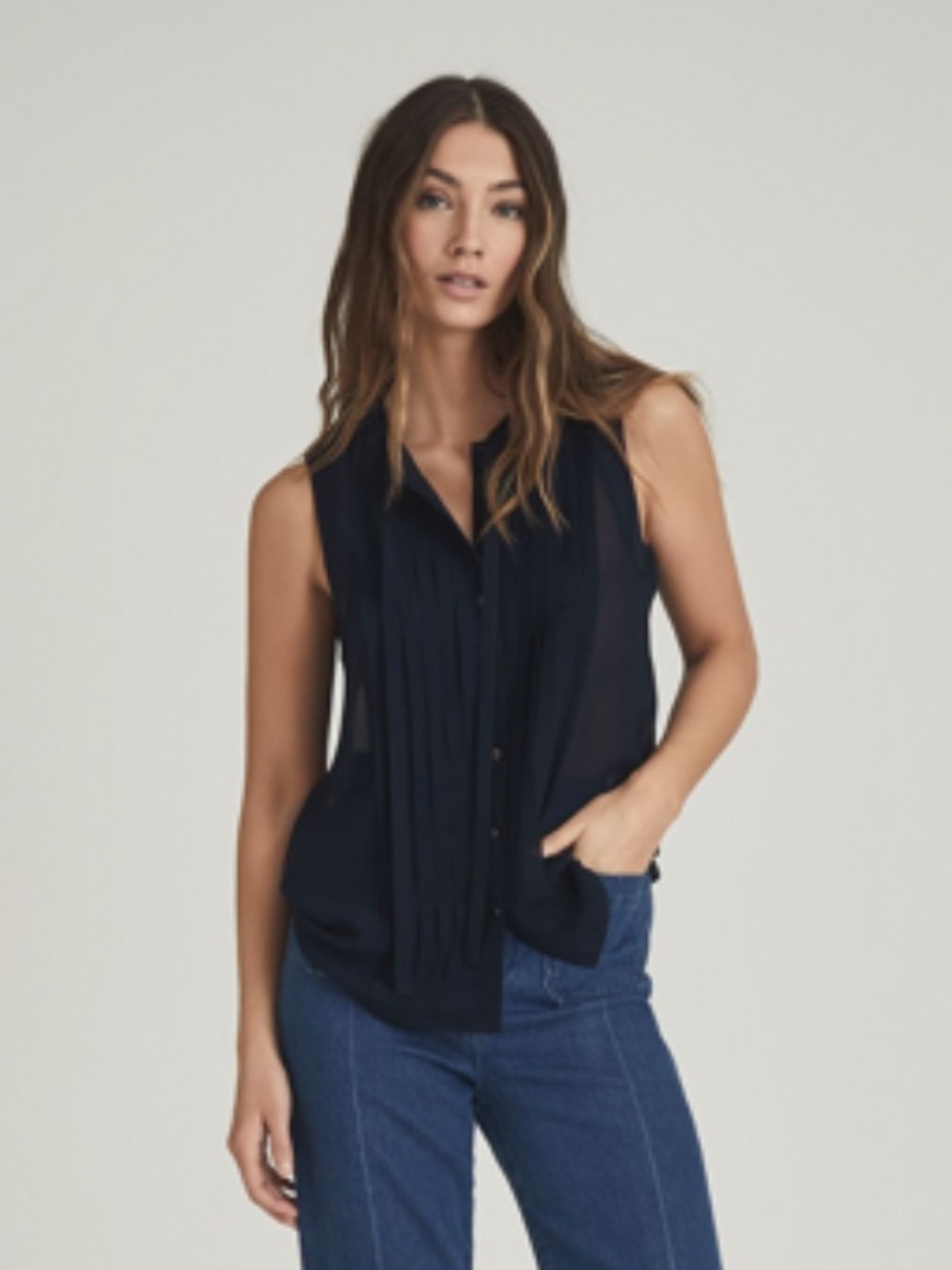 Reiss Isabelle Pleated Sleeveless Blouse in navy